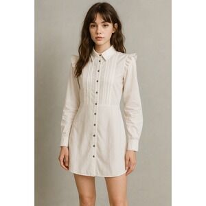 Free People White Pintuck Ruffle Sleeve Shirt Dress Medium Coquette Preppy Twee